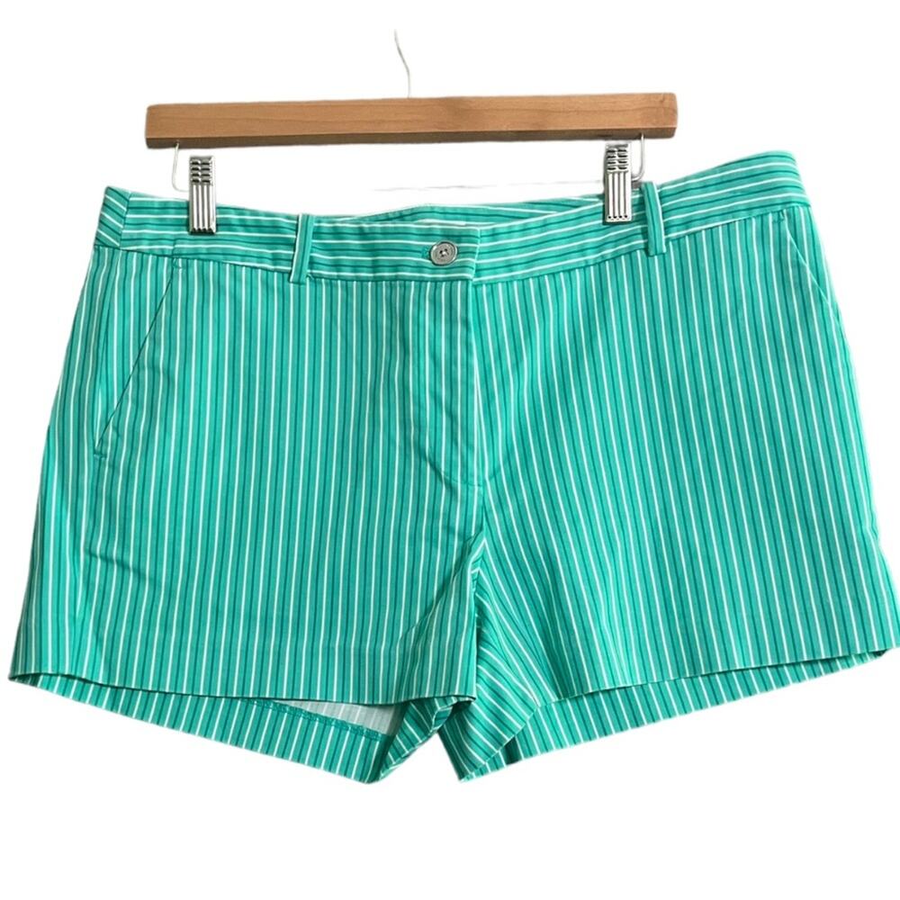 Michael Kors Turquoise Striped Shorts Women Size 12 Flat Front Button Zip Preppy
